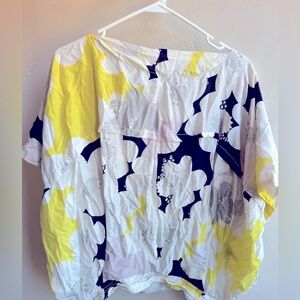 DVF loose bateau neck silk top with banded waist pink yellow soft white black